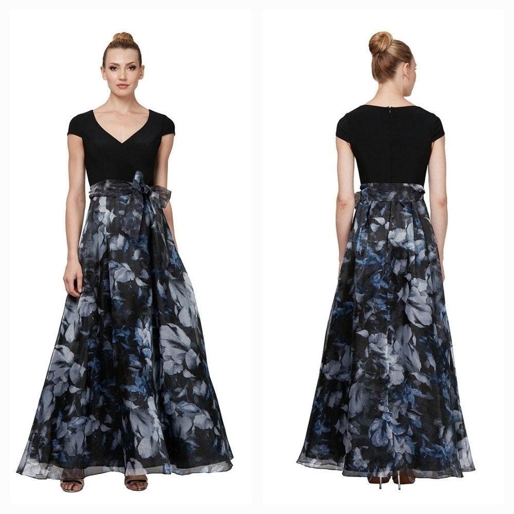 Ignite Evenings Floral‎ Print Cap Sleeve Organza Ballgown